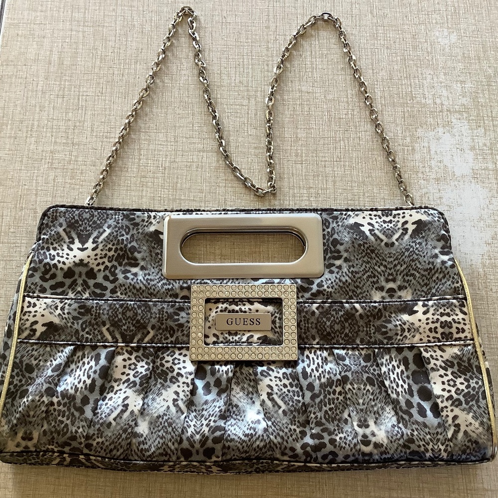 GUESS Snakeskin Animal Print CLUTCH Rhinestone SILVER Hardware PURSE Chain Strap